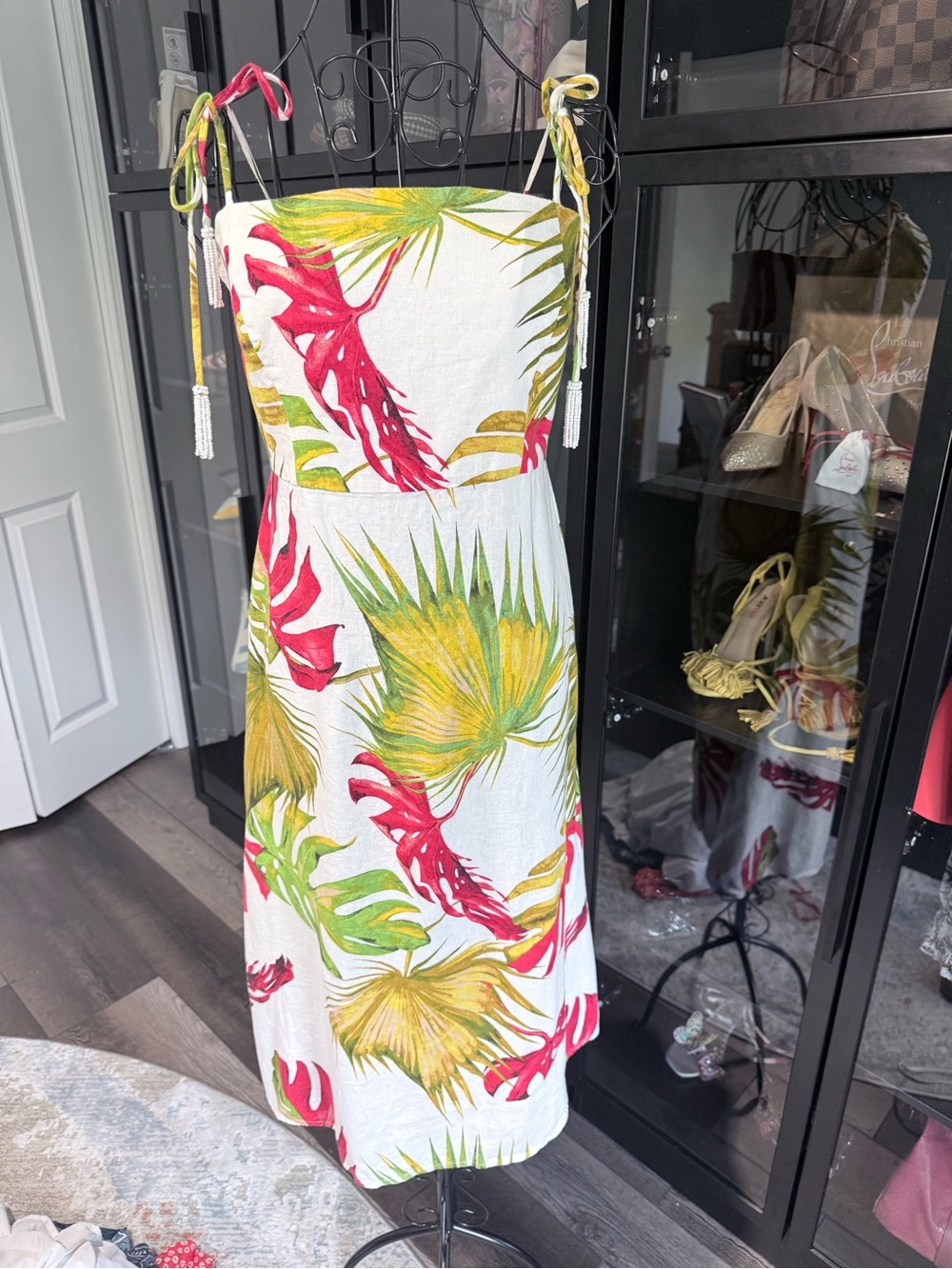 House of Harlow 1960 White Midi Dress with Pink & Yellow Tropical Leaves